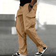 thumbnail image 3 of Men's American Style Flip-top Pocket Workwear Trousers, Side-drawstring Waist Tactical Cargo Pants for Hiking and Construction,Khaki,XL, 3 of 5