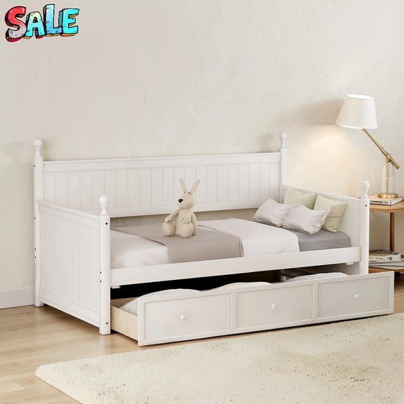 Tcbosik Twin Size Wood Daybed, Solid Pine Bed Frame with 3 Storage Drawers, No Box Spring Needed, White