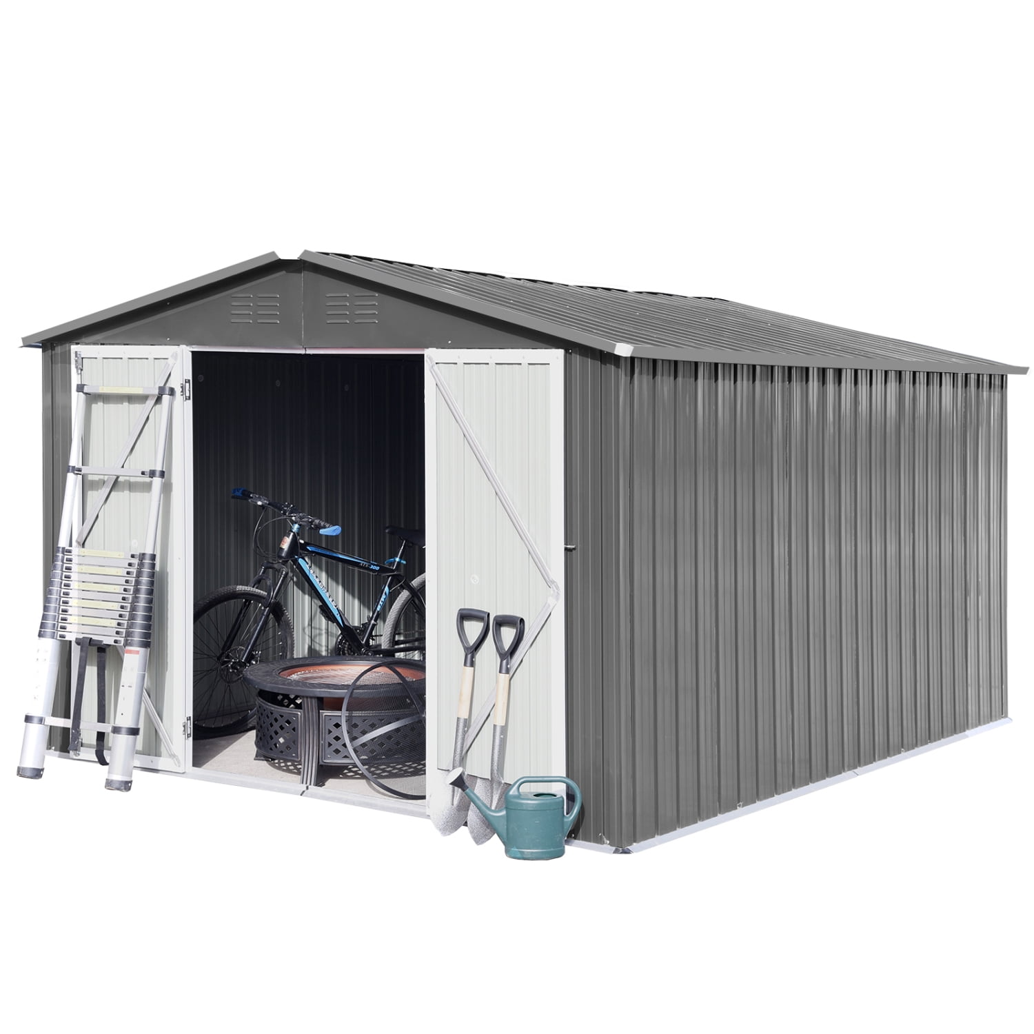 LoLado 10x8 FT Outdoor Metal Storage Sheds, Garden Sheds Waterproof with Lockable Doors, for Backyard, Lawn, Grey