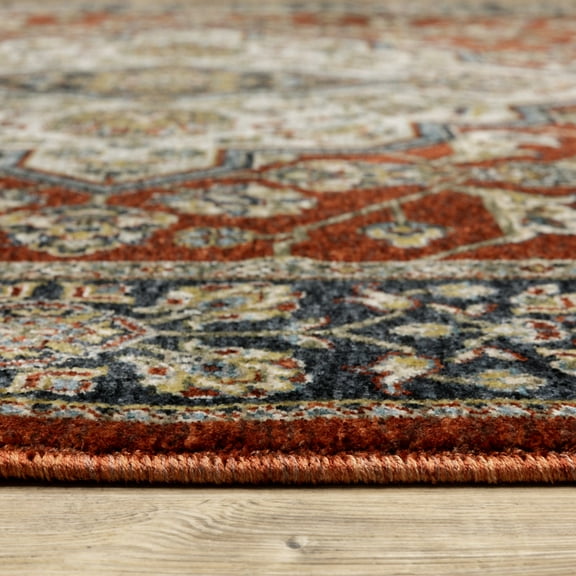 HomeRoots  2 x 8 ft. Red Ivory Blue Navy Gold & Gray Oriental Power Loom Stain Resistant Runner Area Rug with Fringe