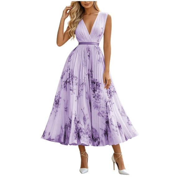 Kezqiaxn Midi Dresses for Women Fashion Elegant Pleated Sleeveless V-Neck Casual Sundress Plus Size Summer Dresses