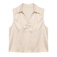 thumbnail image 5 of Women's Solid Color Satin Sleeveless Top with Deep V Neck and Turn Down Lapel Collar, Elegant Casual Blouse, for Summer Daily Wear or Office Outfits Beige, 5 of 5