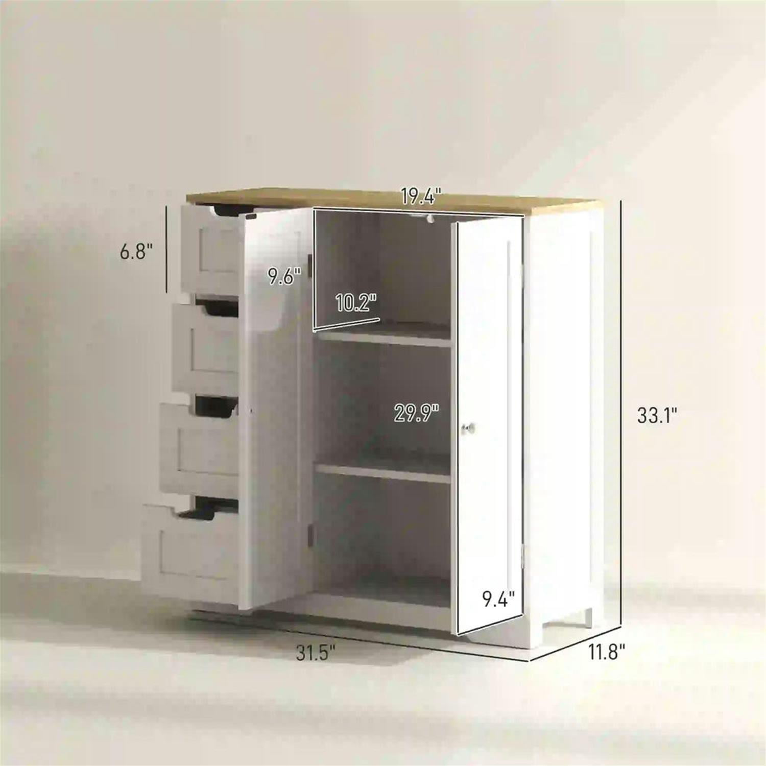 Demi Bonn 43" Bathroom Floor Cabinet, Freestanding Storage Cabinet with Adjustable Shelf and 4 Drawers, for Living room, Entryway, Kitchen, White