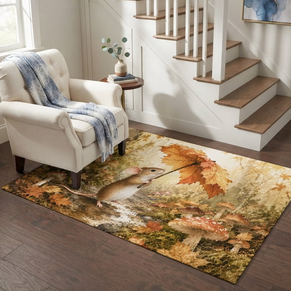 Area Rugs 4'x6'. Fall Mouse Carpet Runner Indoor Outdoor Rugs Home Decor Aesthetic, Pastoral Forest Maple Leaves Mushroom Retro Non Slip Mats Washable Accent Rug for Living Room Bedroom