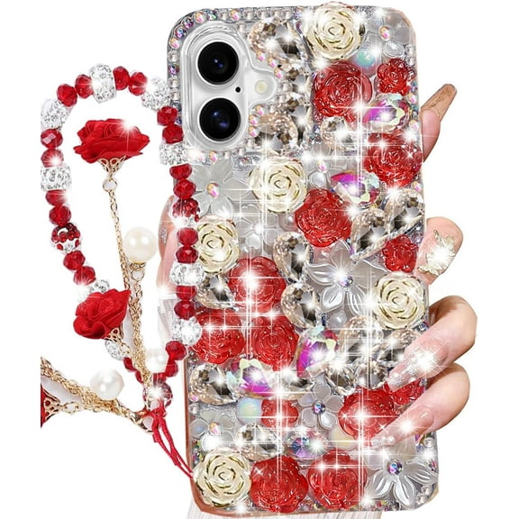 for iPhone 16 Plus Glitter Bling Case, Cute Luxury 3D Sparkle Crystal Rhinestone Flowers Shiny Gems Diamond Pearl with Lanyard Wrist Strap Women Girls Phone Case for iPhone 16 Plus 6.7" (Red)