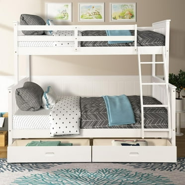 Solid Wood Bunk Bed Frame with Two Storage Drawers,Ladder and Safety Rail, Can Be Divided Into Two Platform Bed, No Box Spring Needed, Twin/Full, White 79.53"L x 58.27"W x 66.54"H