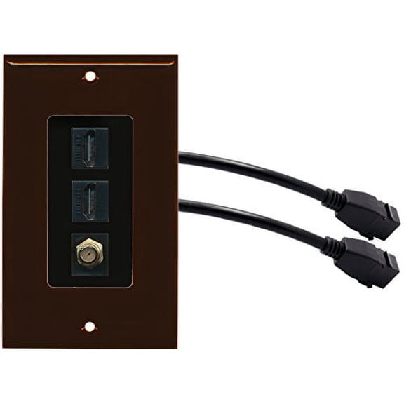 RiteAV (1 Gang Decorative 2 HDMI Black Coax Wall Plate w/Pigtail Extension Cable Brown (Black Insert)