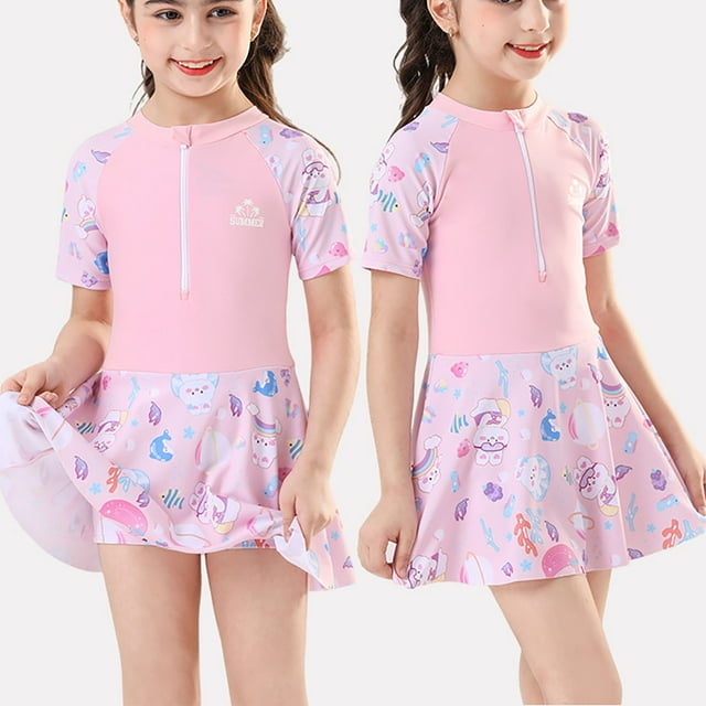 Amzcrzy Maillot de Bain Fille 6-13 Ans Tendance Imprimé Floral Manches Courtes Robe de Bain à Jupe Été Col Rond Fermeture Éclair Maillots de Bain Petite Ado Fille