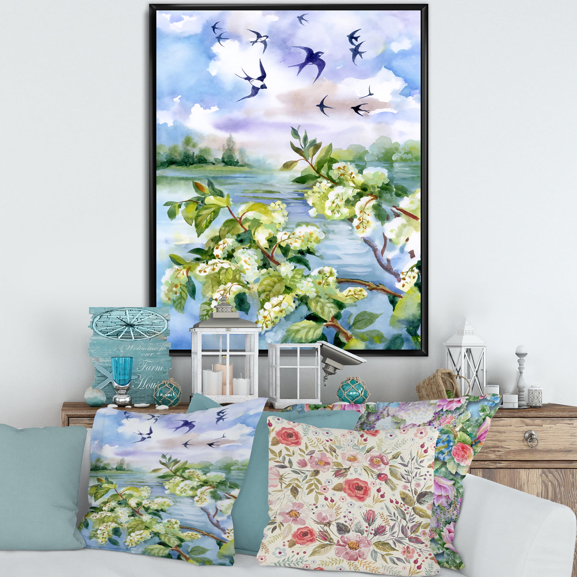 Designart 'Flowers of The Cherry Blossoms On A Spring Day Landscape' Traditional Framed Canvas Wall Art Print