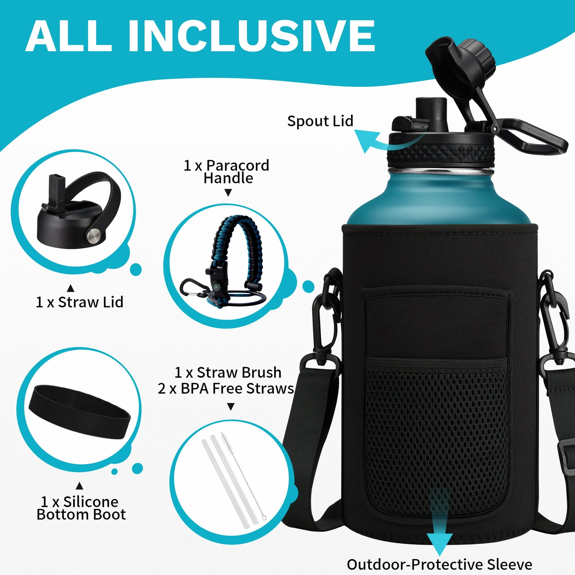 Half Gallon Water Bottle with Straw - Chug Lid, Paracord Handle, Silicone Boot, Keep Ice Cold-48H, Metal Insulated Flask Sports Water Bottle 64 oz for Women