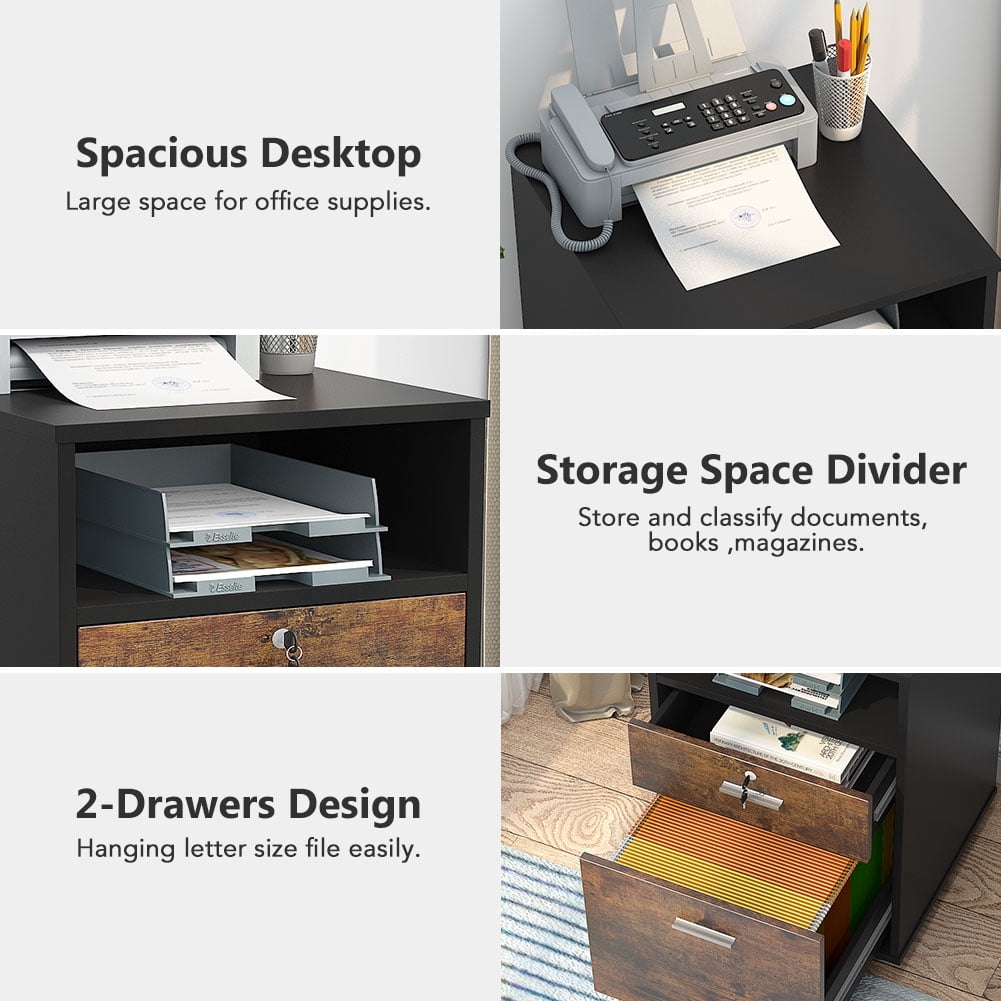 Tribesigns 2 Drawer Mobile File Cabinet with Lock, Wood Rustic Filing Cabinet for Letter Size, Printer Stand with Rolling Wheels and Open Storage Shelf for Home Office (Brown)