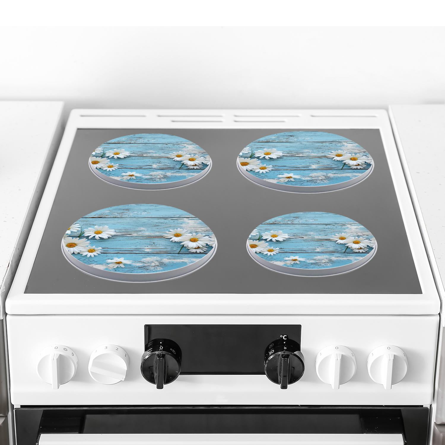 Decorative Stove Burner Covers 4 Pcs Metal Round Stove Burner Covers 8Inch And 10Inch for Home Decor Cooktop Decorative ,Daisy Flower on Blue Wooden Painting