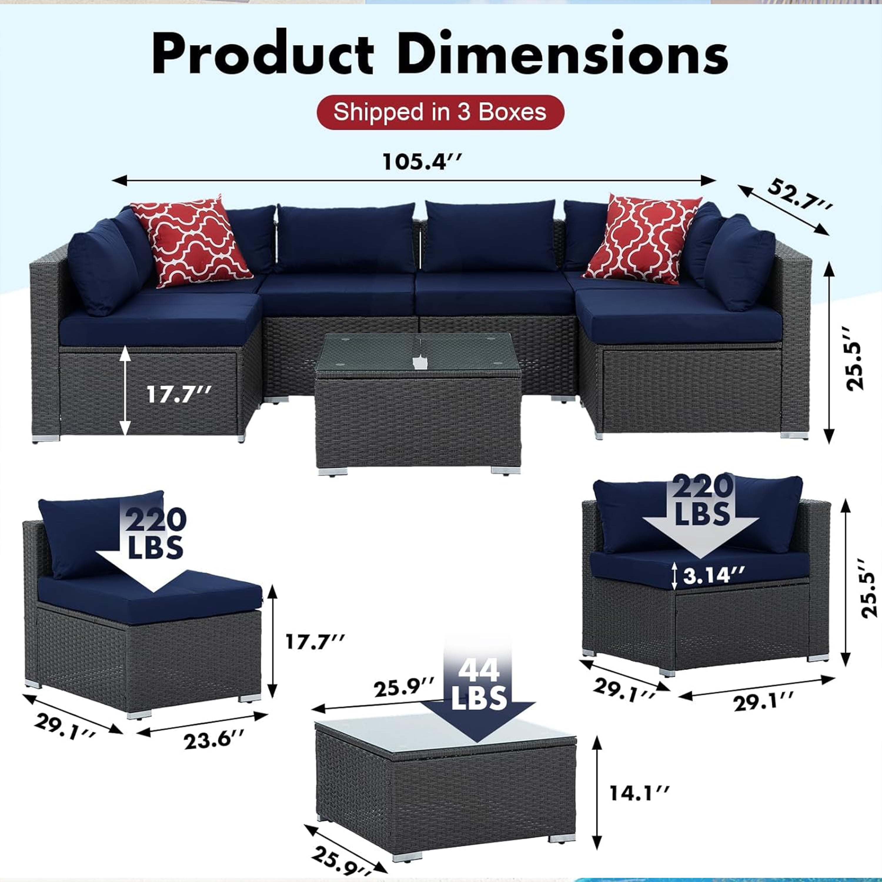 Furnibear 7 Pieces Outdoor Patio Sectional Sofa Couch, Black Wicker Patio Furniture Conversation Sets with Washable Cushions & Glass Coffee Table for Garden, Poolside, Backyard