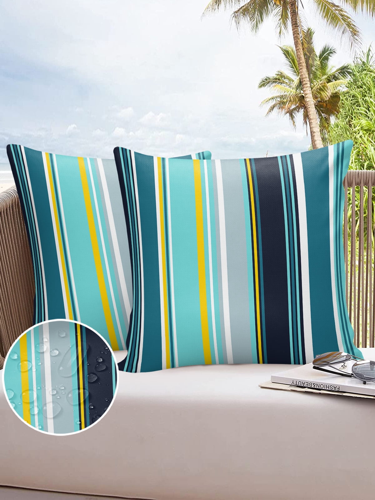 Pack of 2 Outdoor Pillow Covers, Colorful Stripes Navy Blue Teal Turquoise Black Wood Texture Waterproof Square Throw Pillowcase Cushion Decorative Pillow Covers for Couch Patio Tent, 16x16 in