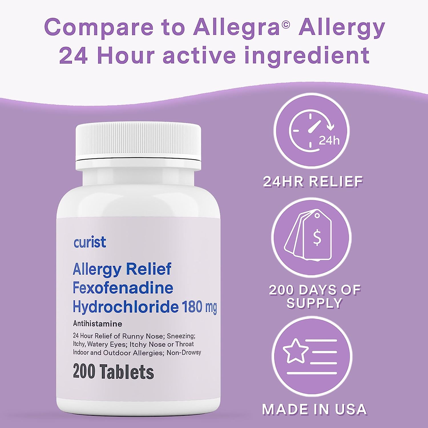 Curist Fexofenadine 180mg Tablet 200 Count Fexofenadine Hydrochloride 180 mg Antihistamine Allergy Relief