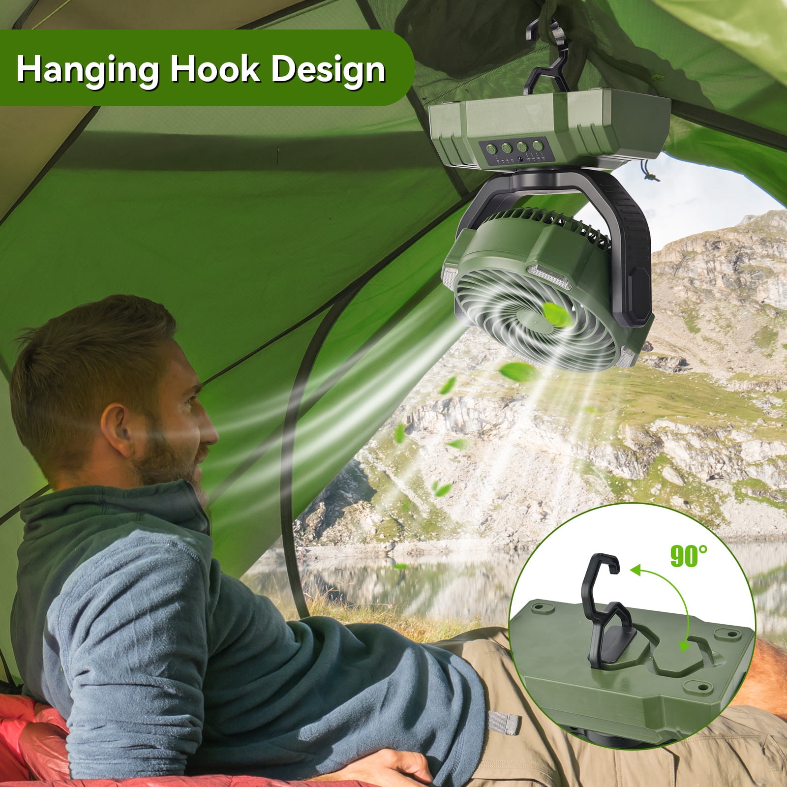 Powered Camping Fan, Portable Rechargeable Tent Fan with 3-Level LED Light, Hanging Hook, Remote Control, 4 Speeds & 4 Timers, Quiet Tent Fan with 10000mAh Battery for Outdoor Travel