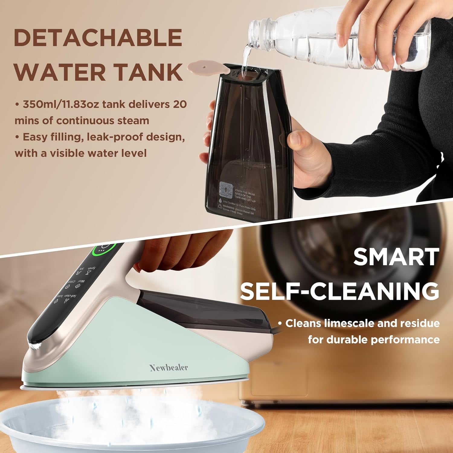 Newbealer Steam Iron for Clothes,2 IN 1 1500W Turbo Iron and Steamer,Burst of Steam,2 Bar Pressure Clothes Iron, 4 Steam & 4 Dry Heat Modes,Auto-Off,Self-Cleaning
