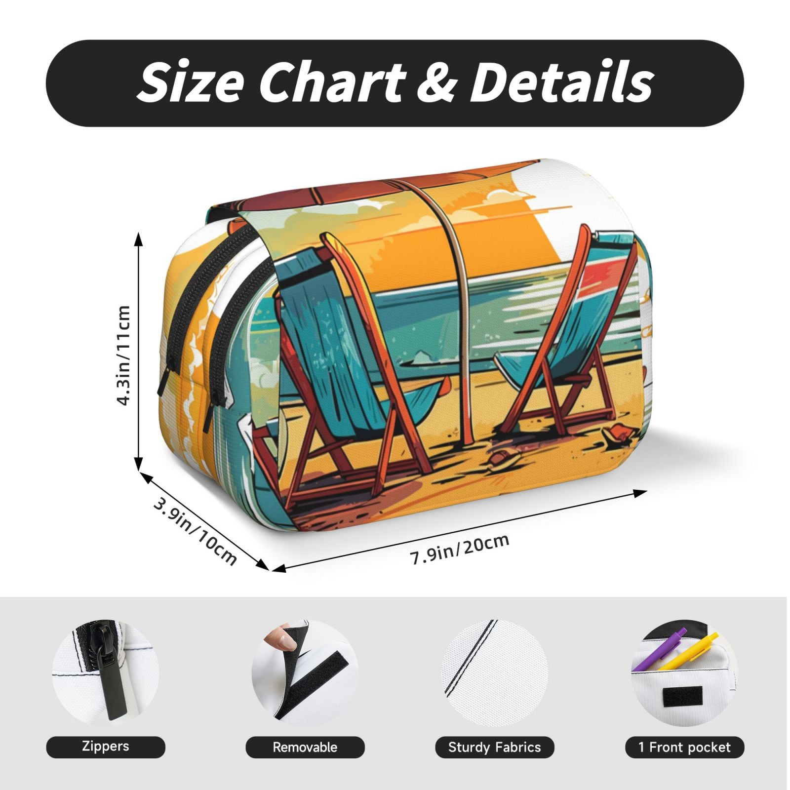 Rateoe Vintage Beach Sunset Pattern Double Clamshell Pen Case, Storage Organizer with Two Zipper Compartments– Holds Up to 50 Pencils & Pens
