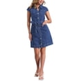 thumbnail image 1 of Vestido de mezclilla casual para mujer INSPIRE CHIC con cinturón, botones y escote en V, vestido de camisa de mezclilla, talla L, azul oscuro, 1 of 6