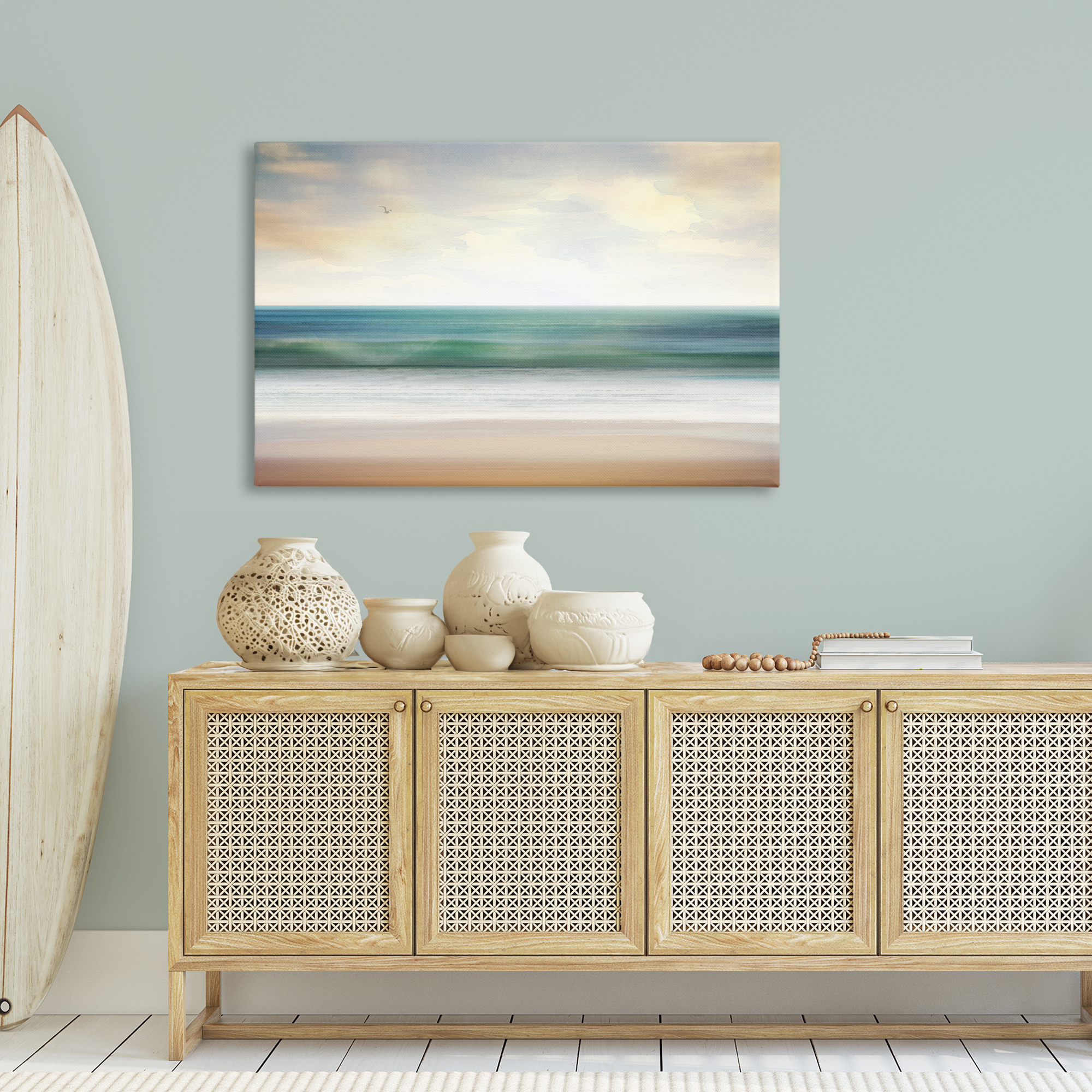 Stupell Industries Lone Seagull Over Beach Landscape Painting Gallery Wrapped Canvas Art Print Wall Art, 45 x 30