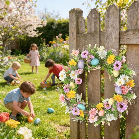 Cadancy Easter Wreath for Front Door Artificial Wildflower Garland with SpeckLED Eggs Spring Wall Hanging Ornament Farmhouse Porch Entryway Home Indoor Outdoor Holiday Decor(B)