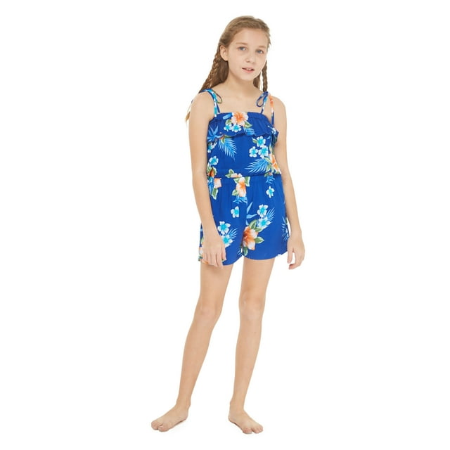 Fille Hawaïenne Volant Haut Jumpsuit Romper en Hibiscus Rose Blanc Vigne