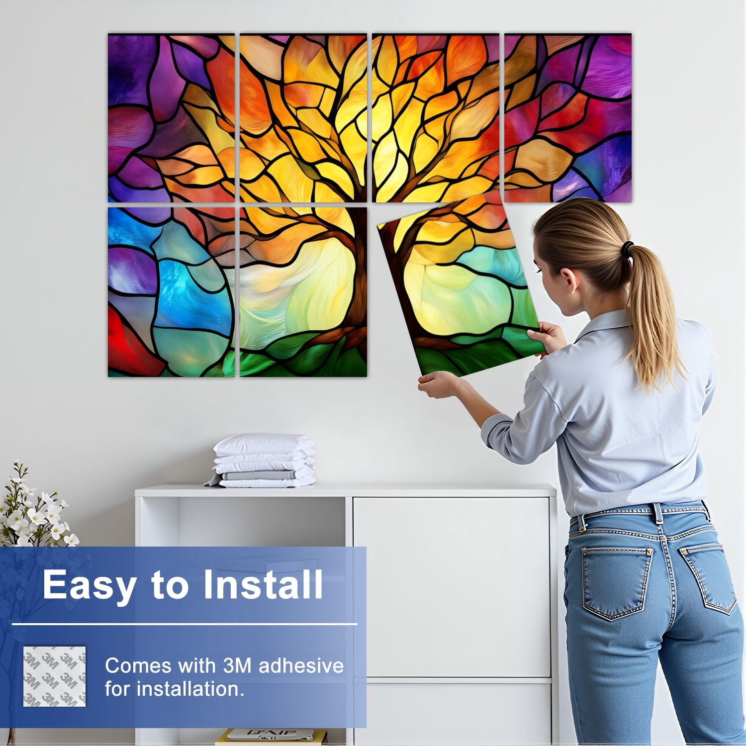 Stained Glass Style 8 Pack Art Acoustic Panels Sound Absorbing Tree Colorful Autumn Leaves Decorative Soundproof Wall Panels Self Adhesive for Nursery Game Room Bedroom 48"x32"