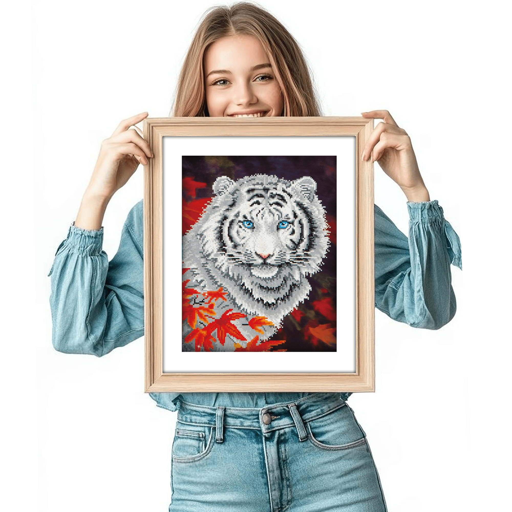 Diamond Dotz White Tiger in Autumn with Frame Animal Diamond Painting Kits for Adults - Diamond Art Kits a Relaxing Creative Craft Kit with Dotz Gems 14"x18"