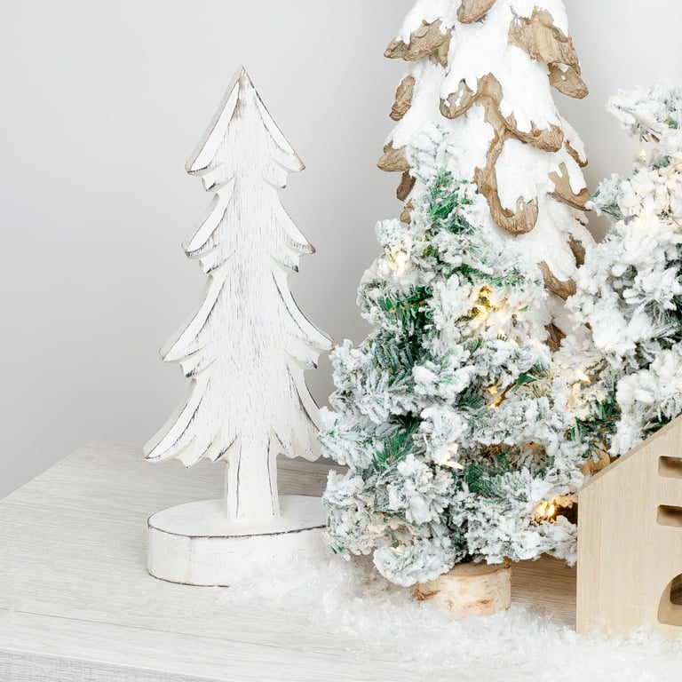 AuldHome Wooden Christmas Trees Set of 2 Distressed White Tabletop Handmade Mango Wood Trees with Rectangular Base for Holiday Home Decor
