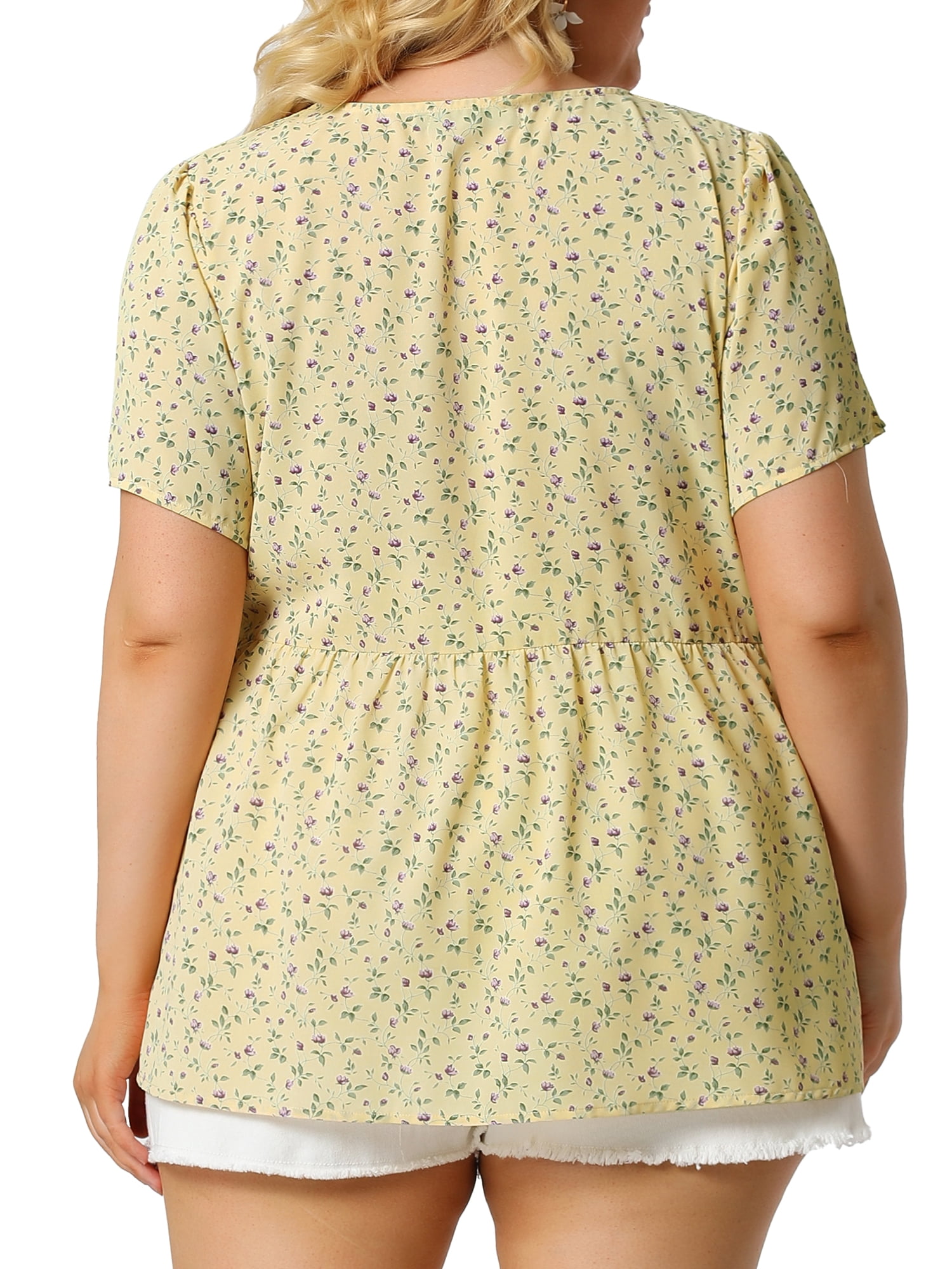 DARING DIVA Women's Plus Floral V Neck Short Sleeve Peplum Top 2X Yellow