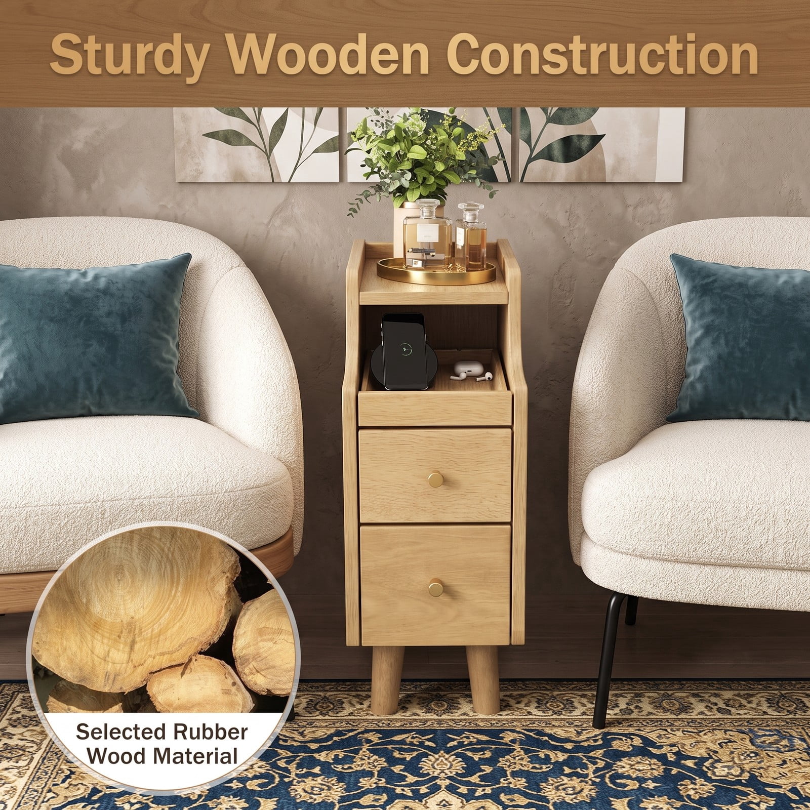 Furnibear Set of 2 Solid Rubber Wood Nightstands with Pull-out Tray and 2 Storage Drawers for Bedroom Living Room and Small Spaces, Natural