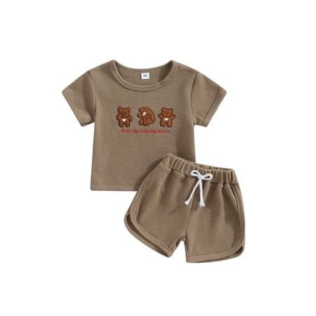 

Baby Girl Boy Summer Outfit Bear Embroidery Waffle Tops Shorts Set