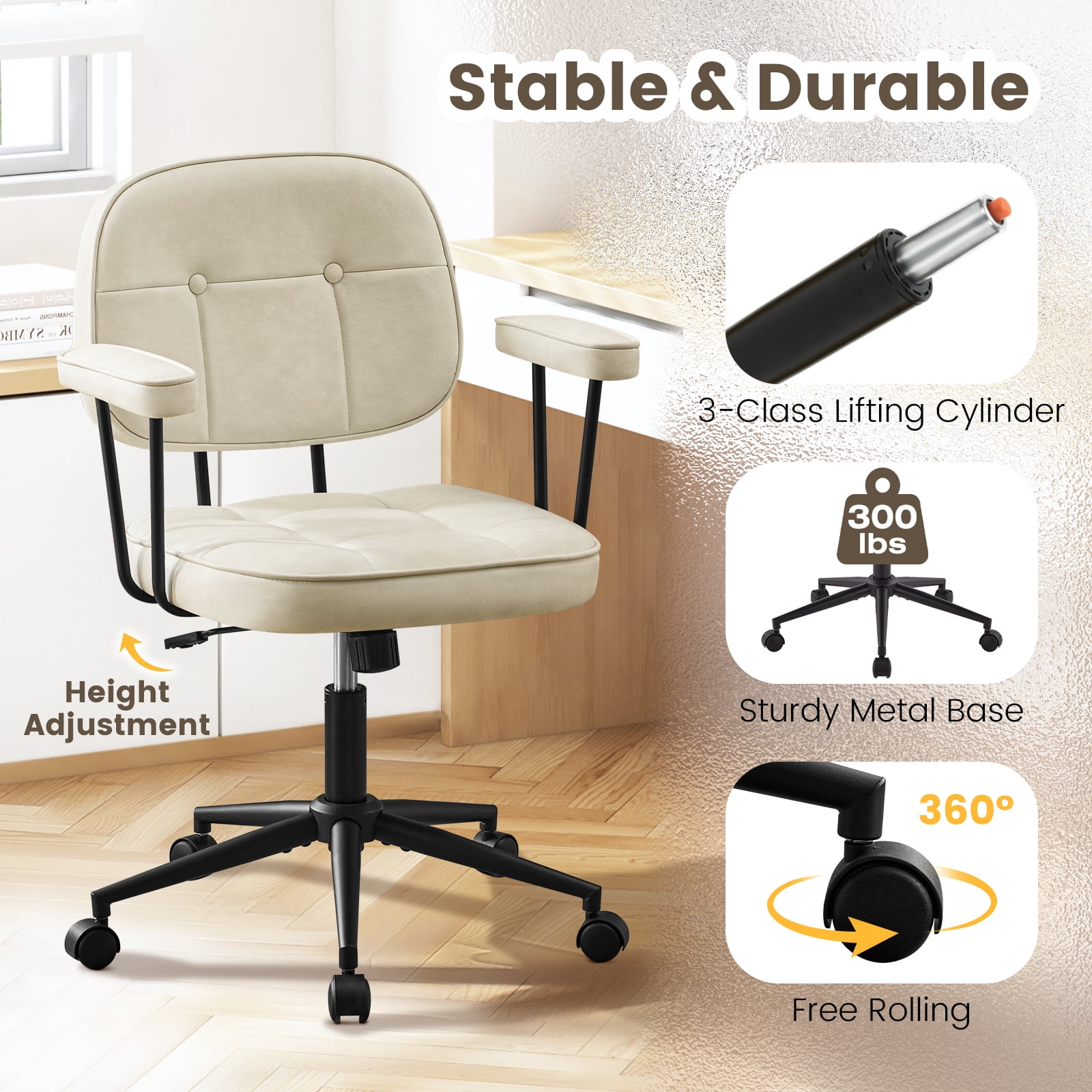 Falvinoryn Modern Home Office Desk Chair, Ergonomic Computer Task Chair with Padded Armrests, 360° Swivel Adjustable Height Rolling Chair, Rocking Function.Beige