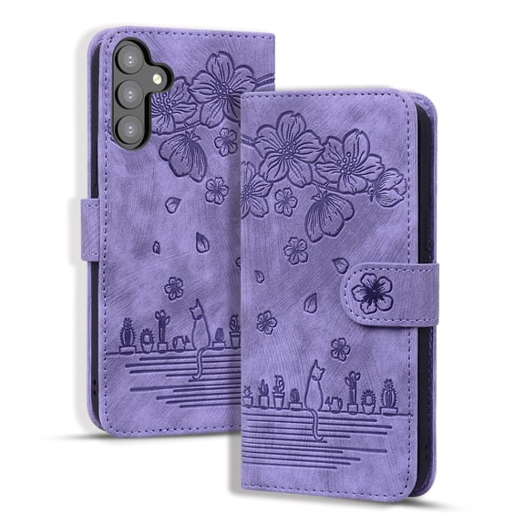 Magnetic Wallet Case for Samsung Galaxy S23 [RFID Blocking] Card Holder, Cartoon Embossing PU Leather Cover Built-in Kickstand & Wrist Strap Shockproof Protective Shell,Purple