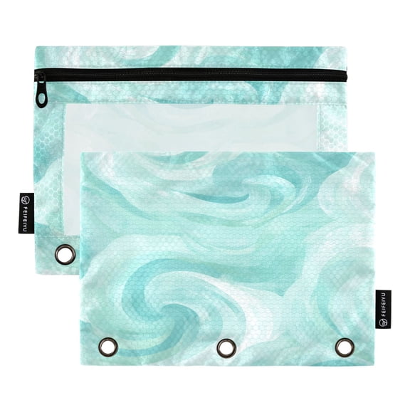 2 Pack 3 Ring Binder Pouch with Clear PVC Window Water Resistant Zipper Pencil Pouch Mint Swirl Watercolor Print Binder Pocket for Classroom Office Home Stationery Organization