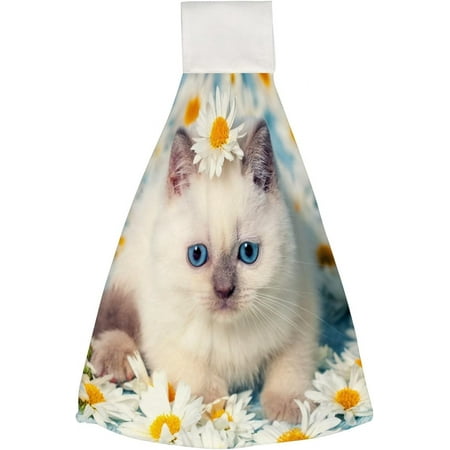 

1 Pcs Hanging Towels Dish Towels Kitten in White Beautiful Flower Absorbent Hand Towels with Hanging Loop Washcloth for Bathroom Kitchen
