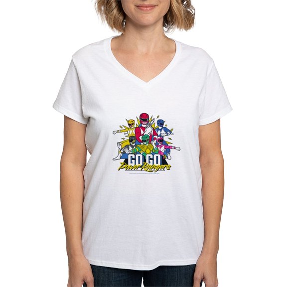 CafePress - Go Go Power Rangers Group S Women's V Neck T Shirt - Womens Cotton V-Neck T-shirt