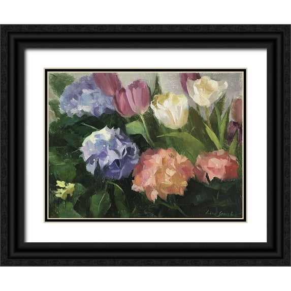 Strube, Ling 18x15 Black Ornate Wood Framed with Double Matting Museum Art Print Titled - Hydrangeas and Tulips