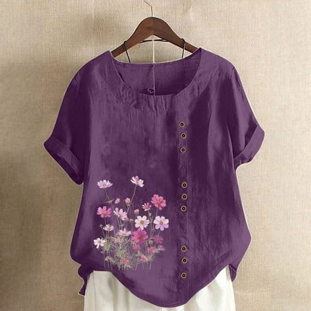 Qhnvtd White Tank Womens Tank Tops Summer Casual Red Vest Women Fresh Clean Threads Women Casual Cotton And Linen Top Printed Short Sleeve Button Tunic T-shirt Blouse Tops Purple