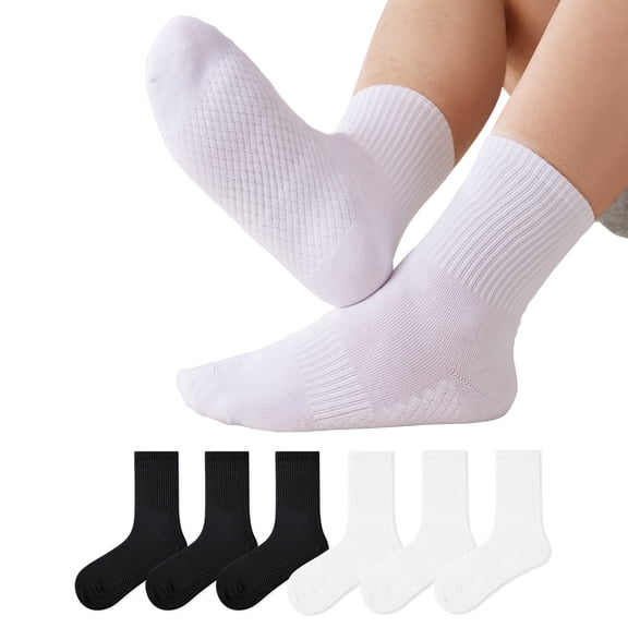 LDU Men's Crew Socks with Non-Slip Sole, Solid Color Cotton Athletic Socks with Moisture-Wicking for Sports & Daily Use, 6 Pairs