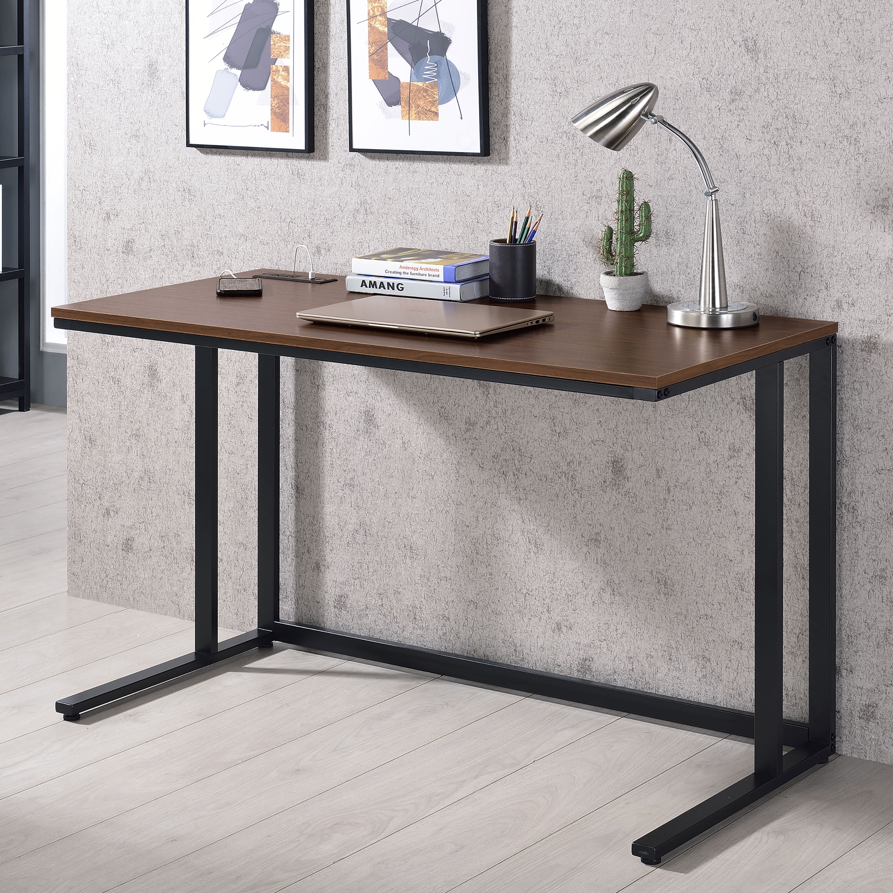 Furniture of America Henslee Contemporary 47 in Metal Portable Writing Desk, Black/Walnut