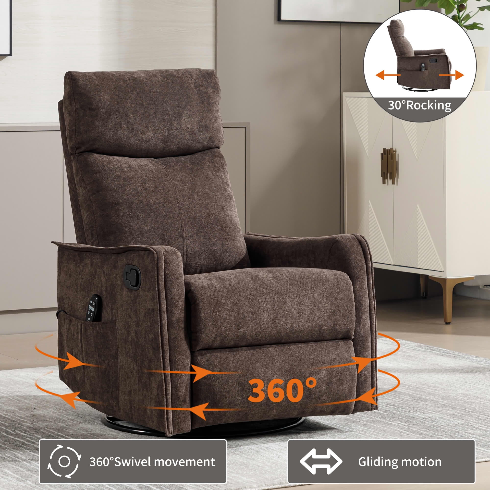 MAYEERTY Brown Heat Massage Recliner Chair, 360° Swivel Rocker 27"x36"x40" for Living Room