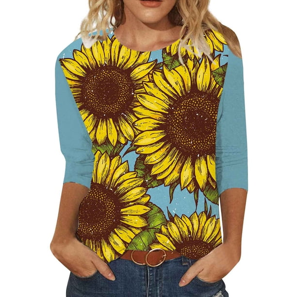 Camisas Para Mujer Moda O-Cuello Casual Tres Cuartos Estampado de Girasol Tops Camiseta Blusa Odeerbi ODB126666