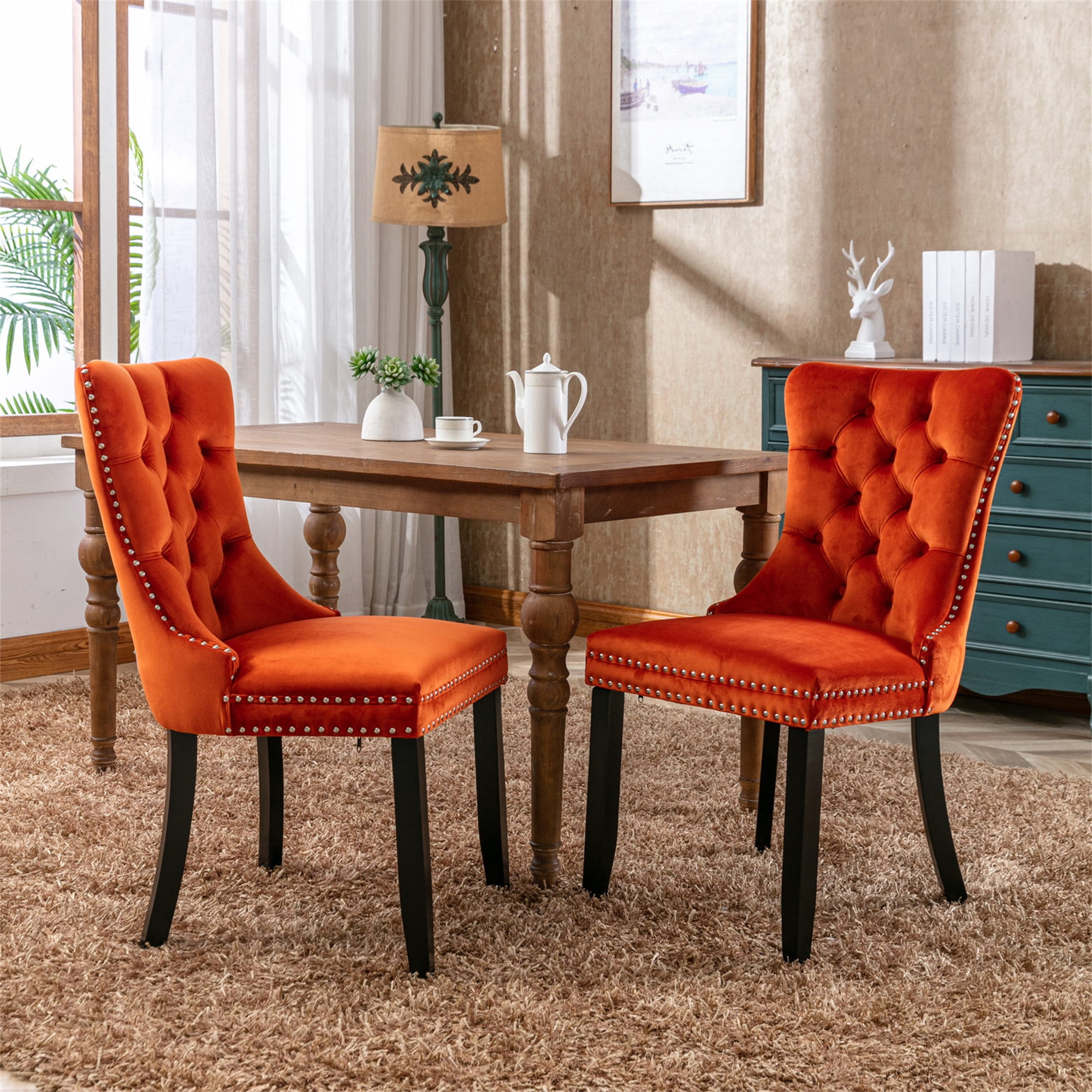 Miniyam Dining Chair Set of 2, High-end Tufted Velvet Upholstered, Orange