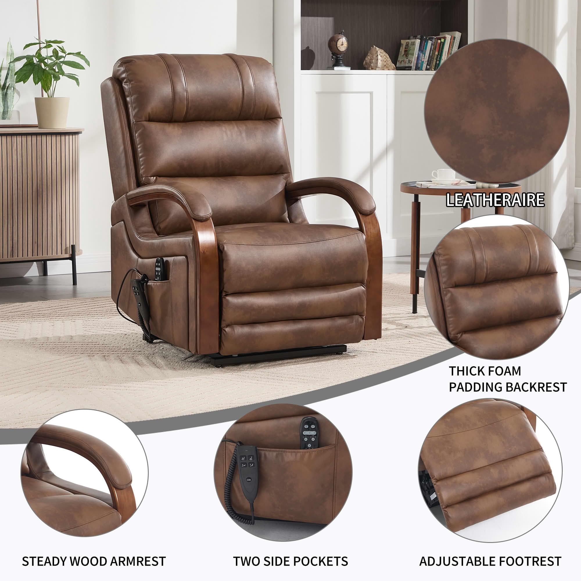 MAYEERTY Brown Leatheraire Dual Motor Power Lift Recliner, 350lbs Solid Wood Armrest Massage Heat 30"x36"x43" for Elderly