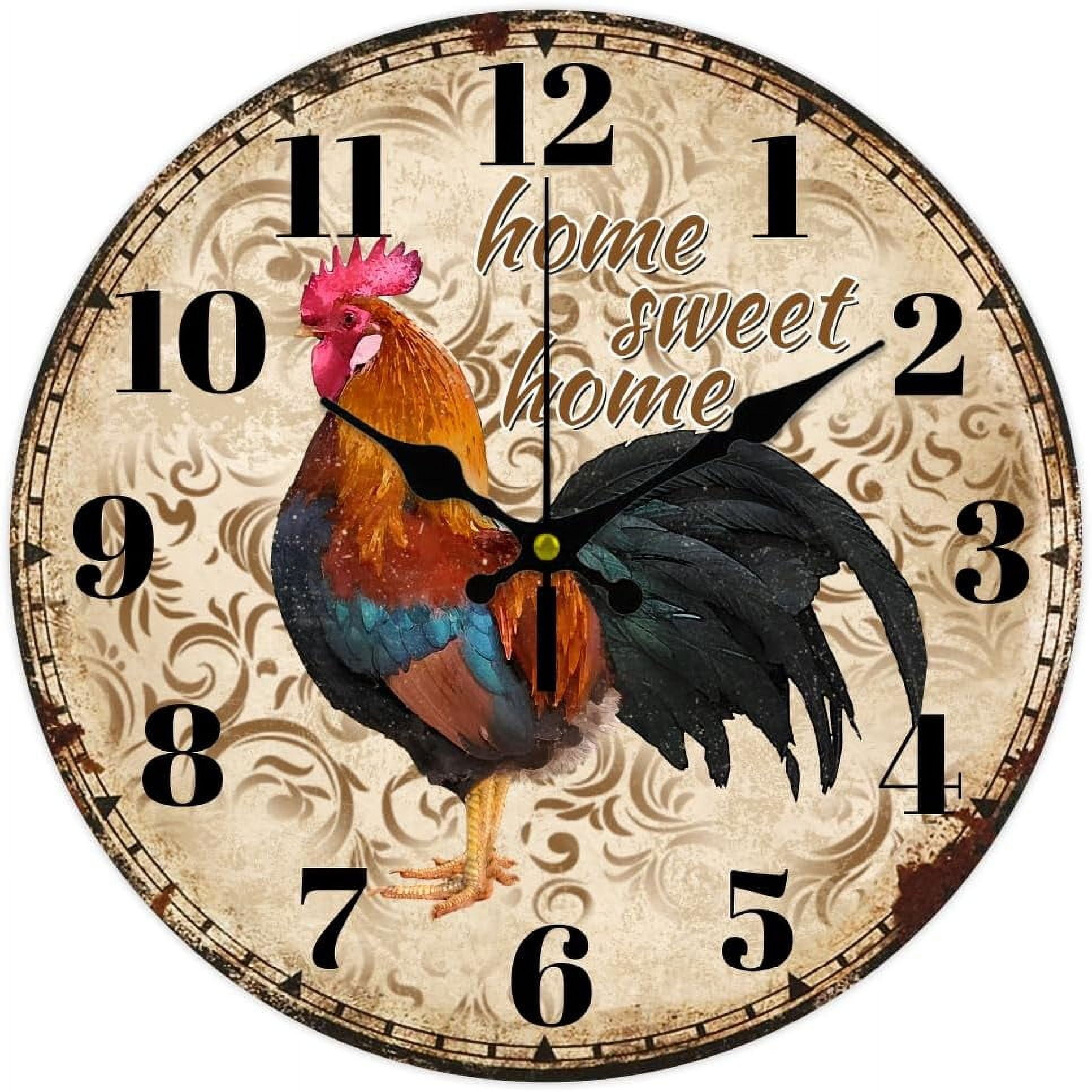 12inch Rooster Vintage Wall Clock Silent Wall Clocks Round Digital Clocks Battery Operated Clock for Home Decor Living Room Kitchen Office
