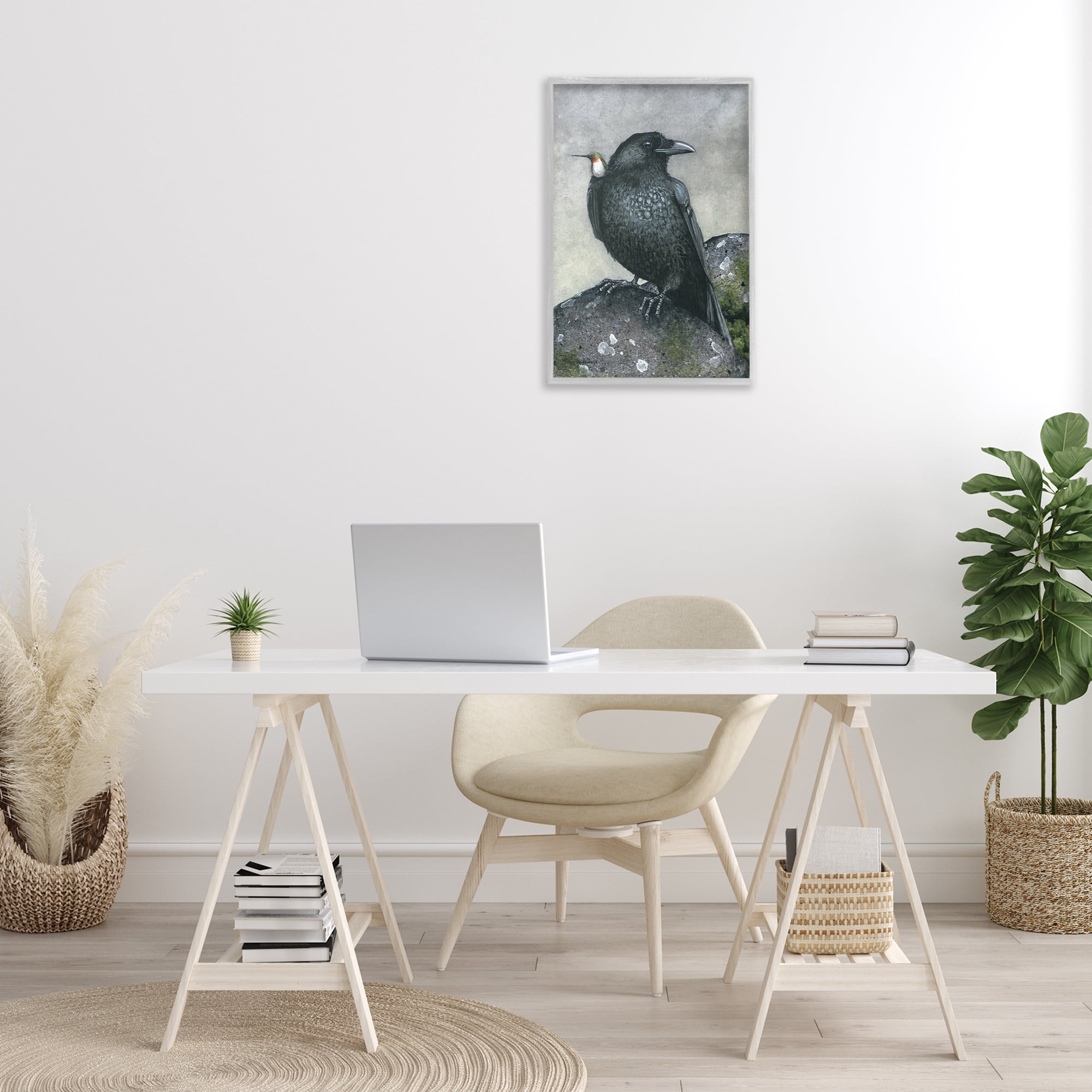 Stupell Industries Crow & Hummingbird Perched Animals & Insects Painting Gray Framed Art Print Wall Art, 16 x 24