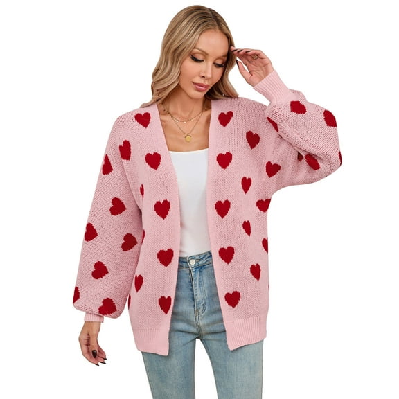 Cardigans for Women Casual V Neck Button Down Long Sleeve Heart Print Valentine's Day Sweaters Loose Open Front Knit Cardigans Alsol Lamesa