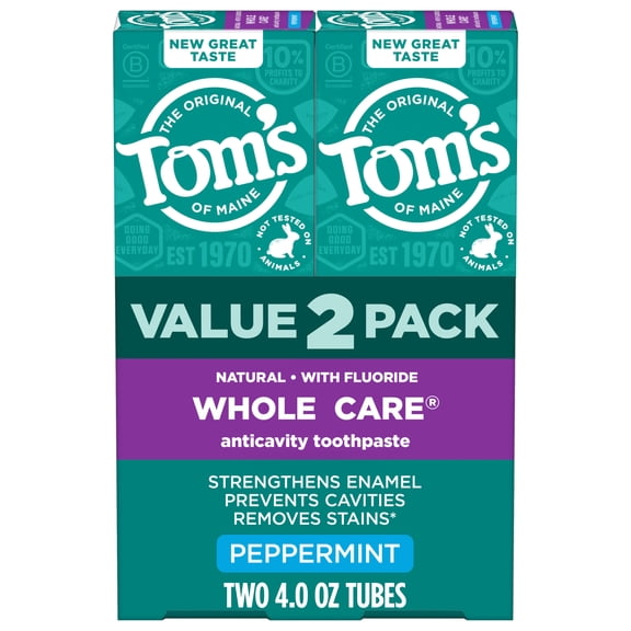 Tom's of Maine Whole Care Natural Toothpaste with Fluoride, SLS Free Toothpaste, Peppermint, 4.0 oz, 2 pack