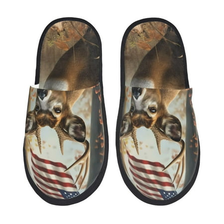 Balery American Wildlife Deer Forest Slient Indoor Furry Fleece Comfort House Shoes Soft Non-Slip Home Shoes Cotton slippers House Slippers-- Medium